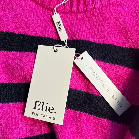 Elie Tahari Deep Fuchsia Pink & Black Stripe Mock Neck Sweater NWT Large - Picture 10 of 12